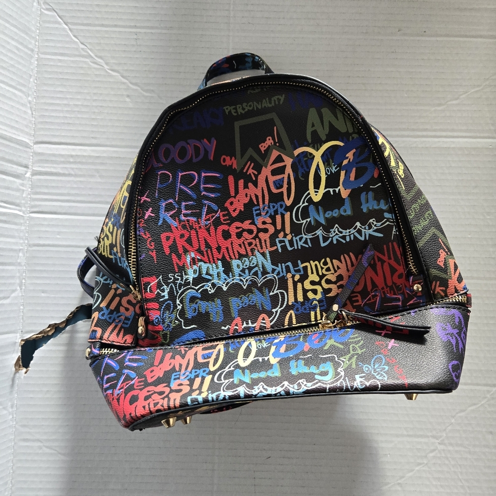 Retro Vintage Multicolor Colorful Graffiti Leather Medium Pocket Backpack